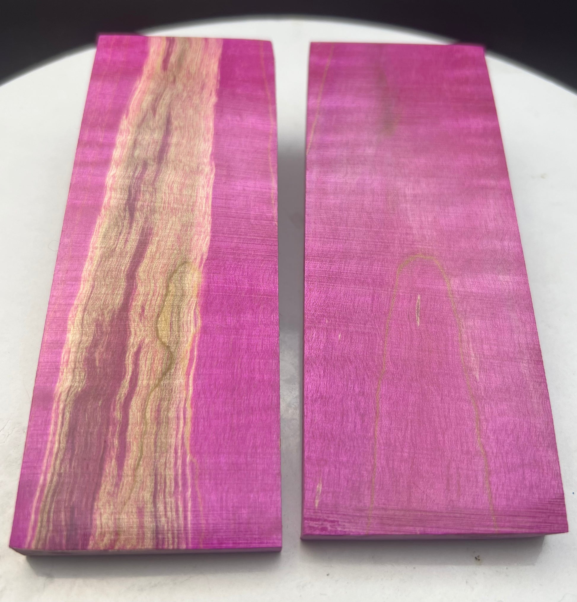 Stabilized Curly Maple knife Scales Magenta