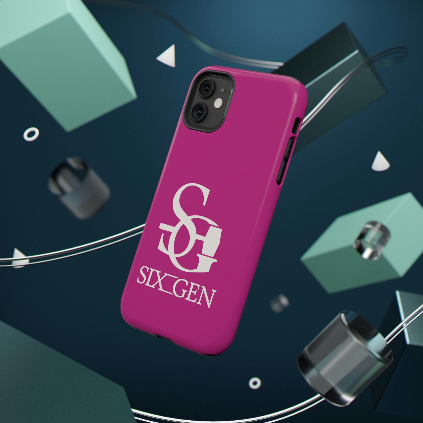 Pink phone case with white Six-Gen Forge Logo