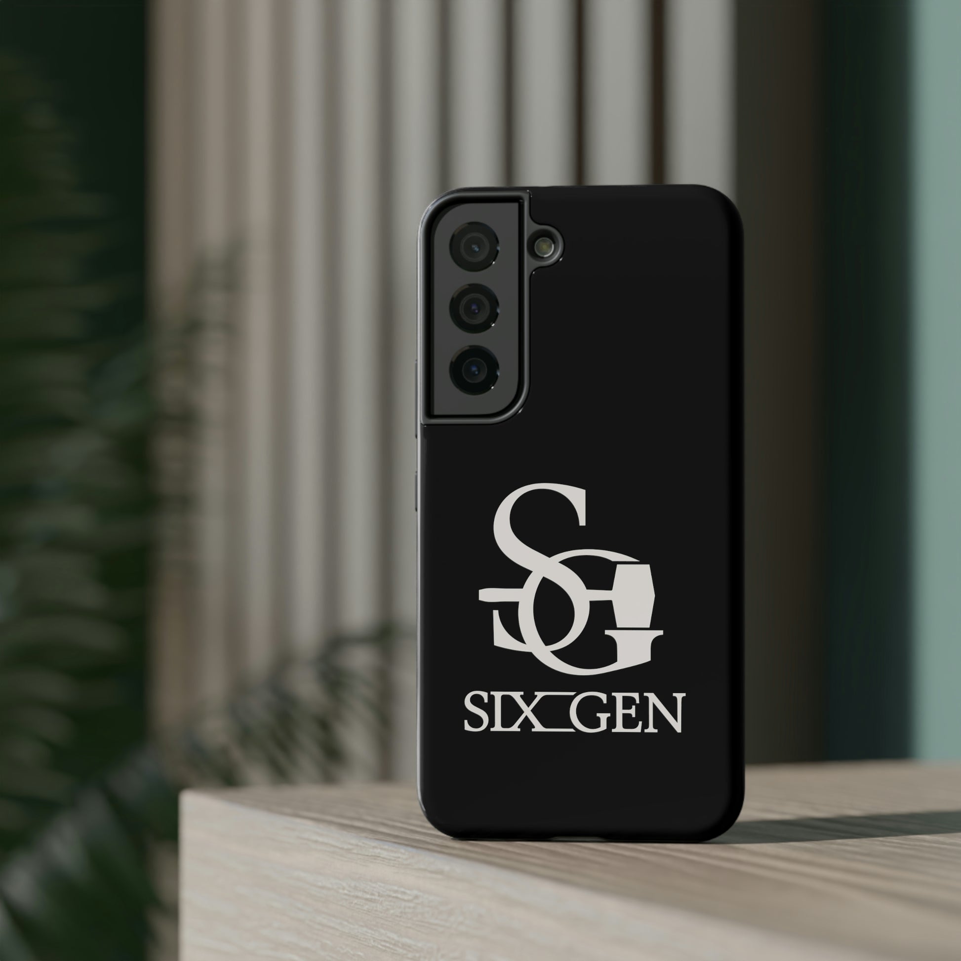 Black phone case with white Six-Gen Forge Logo