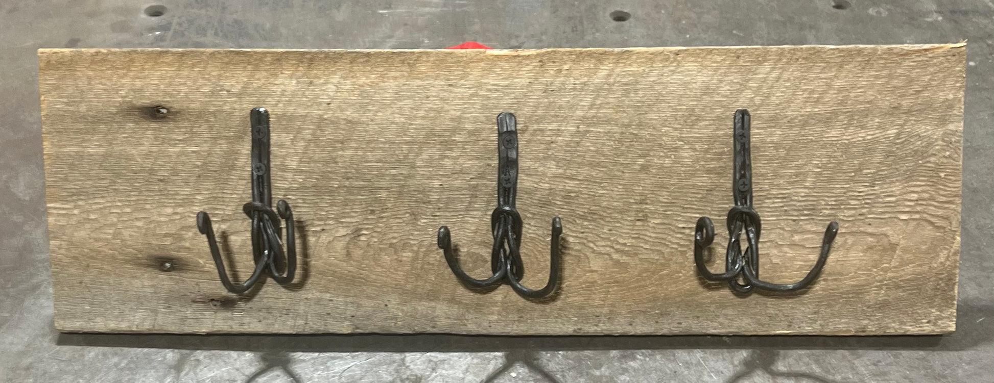 Blacksmith hand forged coat rack with mild steel and barn board