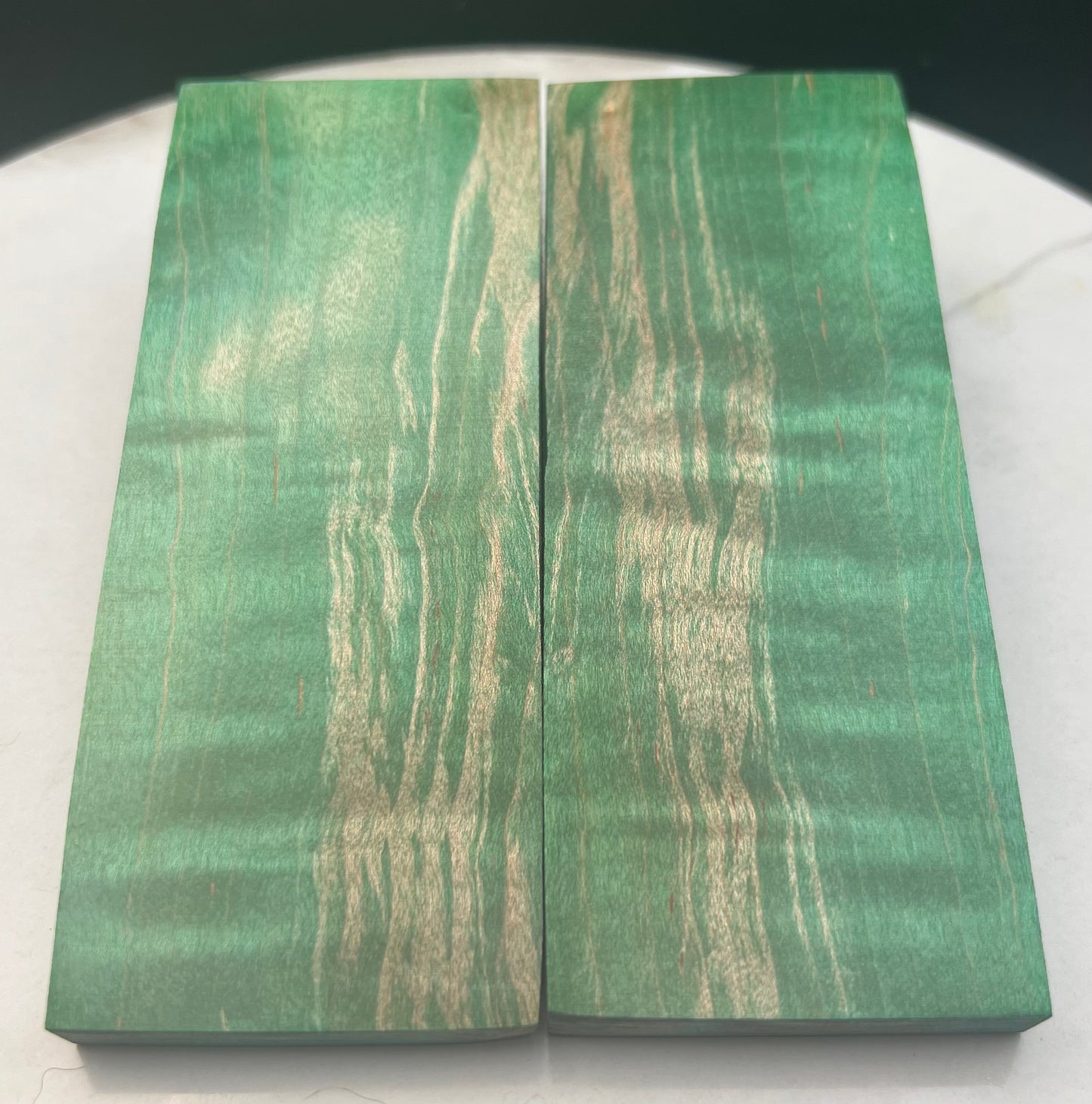 Stabilized Curly Maple knife Scales Emerald Green