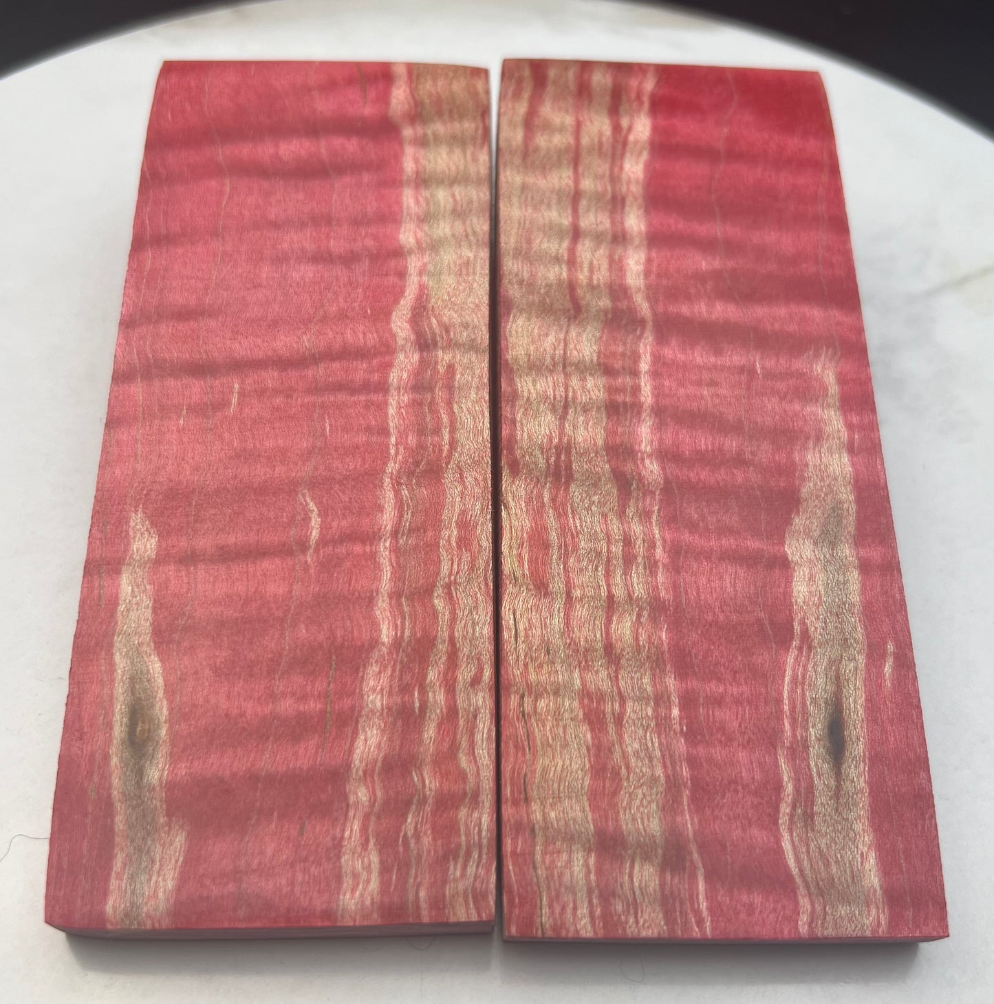 Stabilized Curly Maple knife Scales Light Red/ Pink