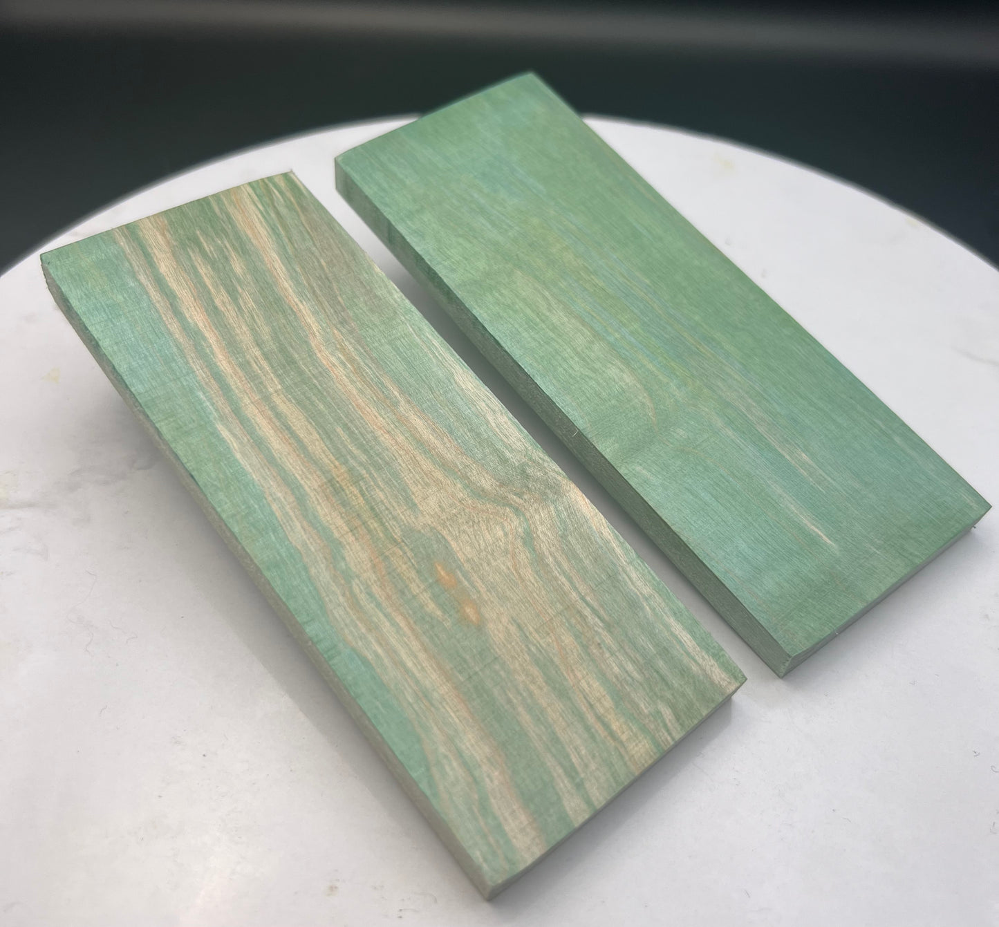 Stabilized Curly Maple knife Scales Emerald Green
