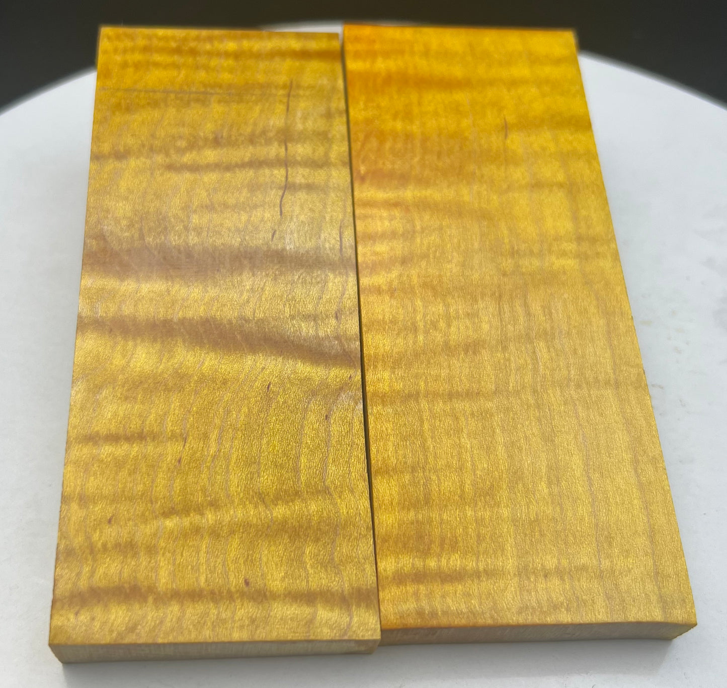 Stabilized Curly Maple knife Scales Gold