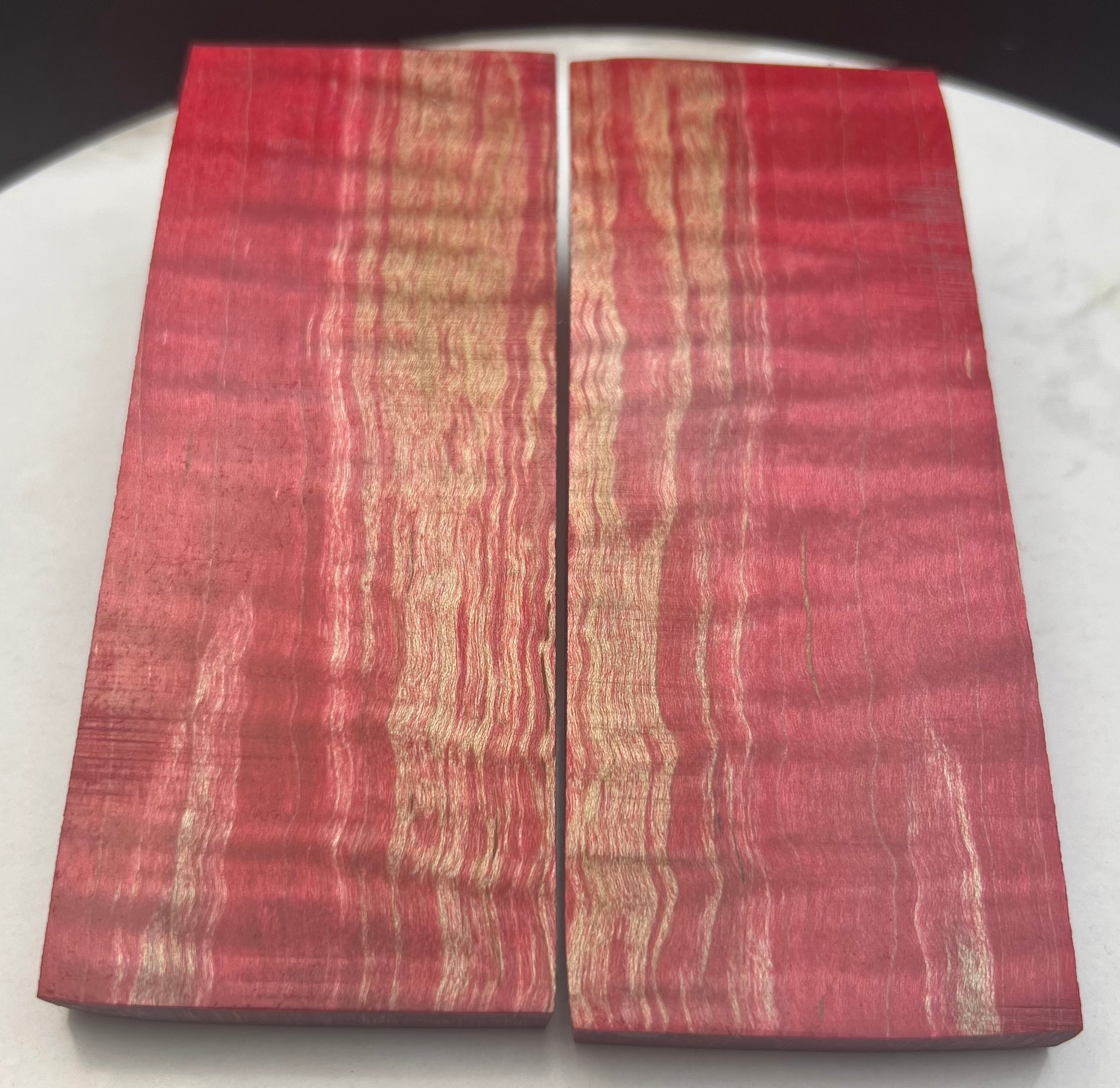 Stabilized Curly Maple knife Scales Bright Red