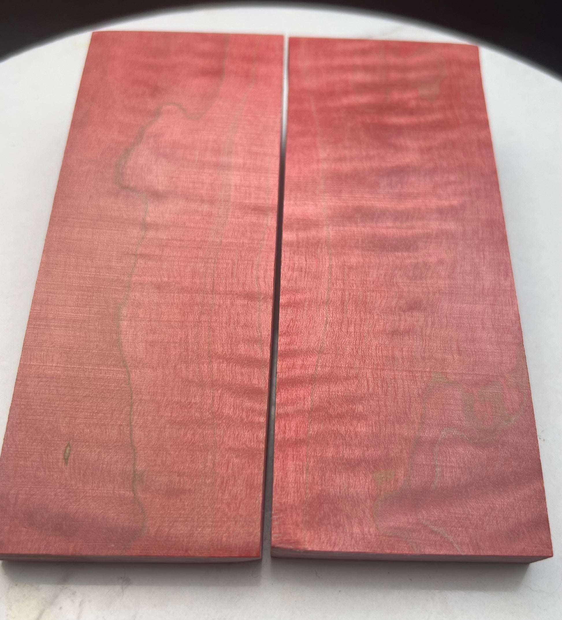Stabilized Curly Maple knife Scales Light Reddish Orange