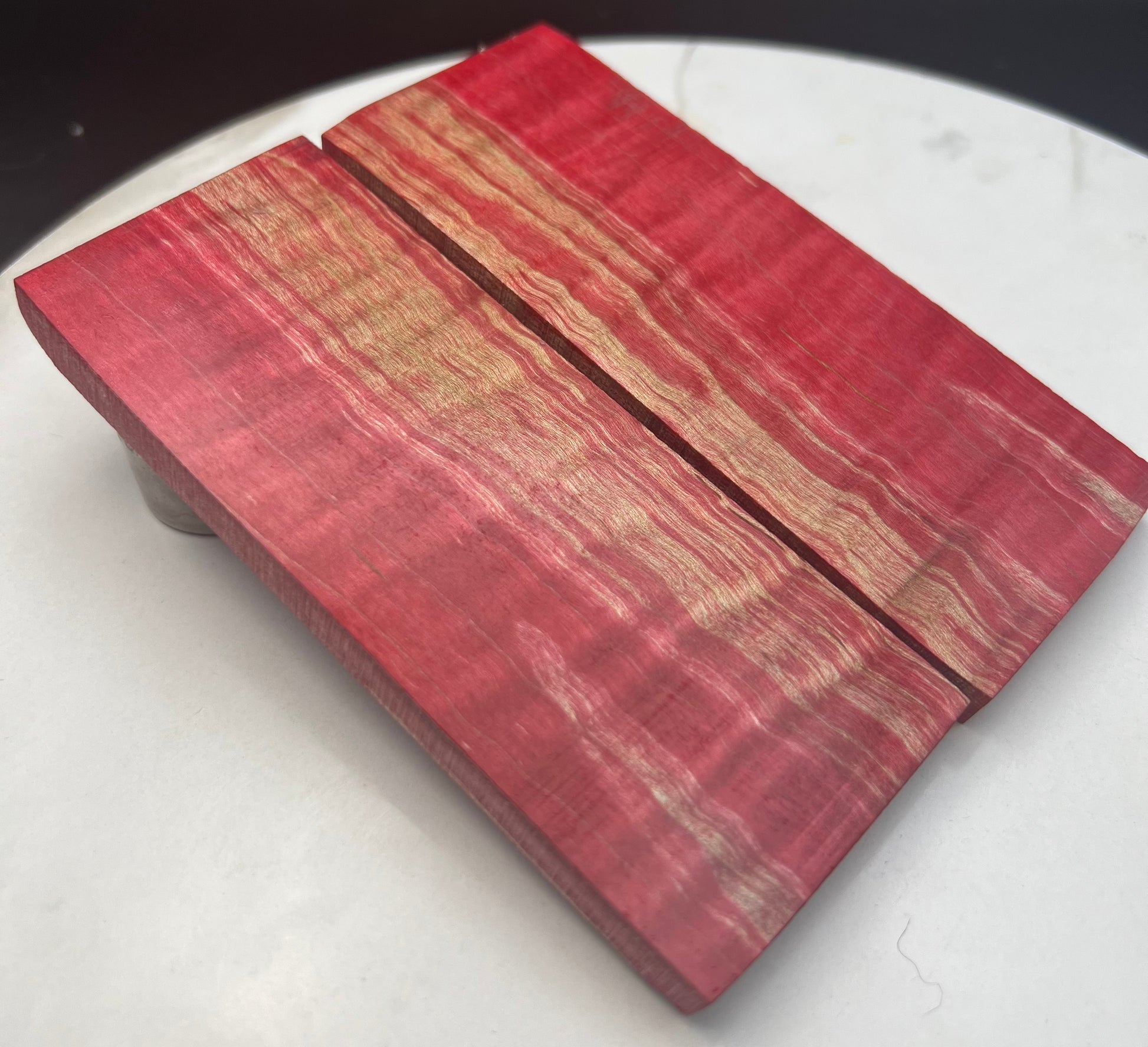 Stabilized Curly Maple knife Scales Bright Red