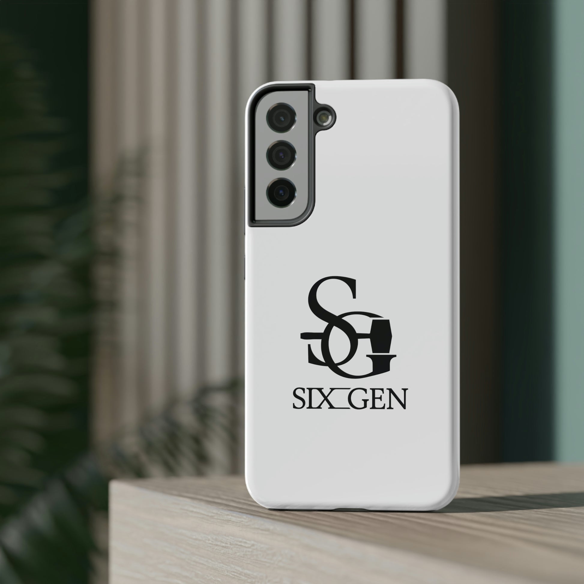 White phone case with black Six-Gen Forge Logo