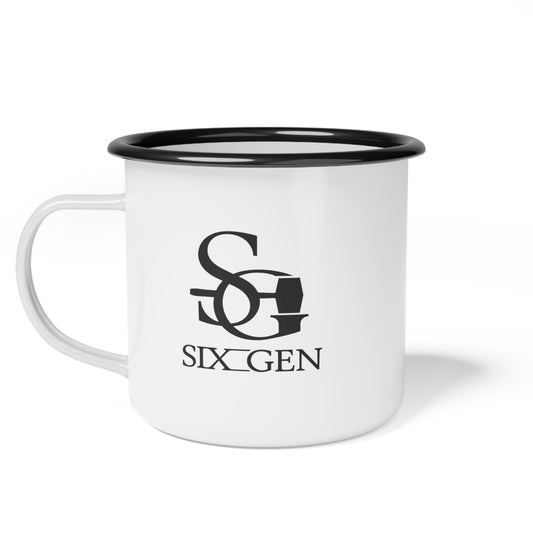 white Enamel Camp Cup with black Six gen logo