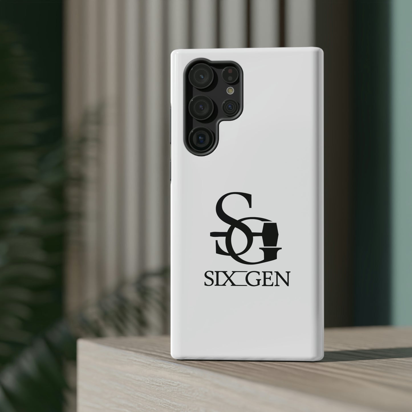 White phone case with black Six-Gen Forge Logo