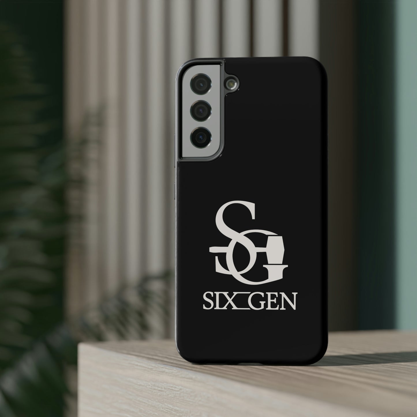 Black phone case with white Six-Gen Forge Logo