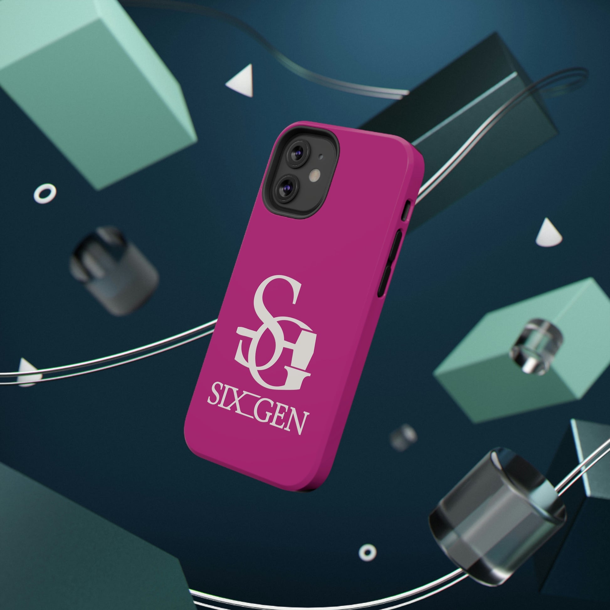 Pink phone case with white Six-Gen Forge Logo