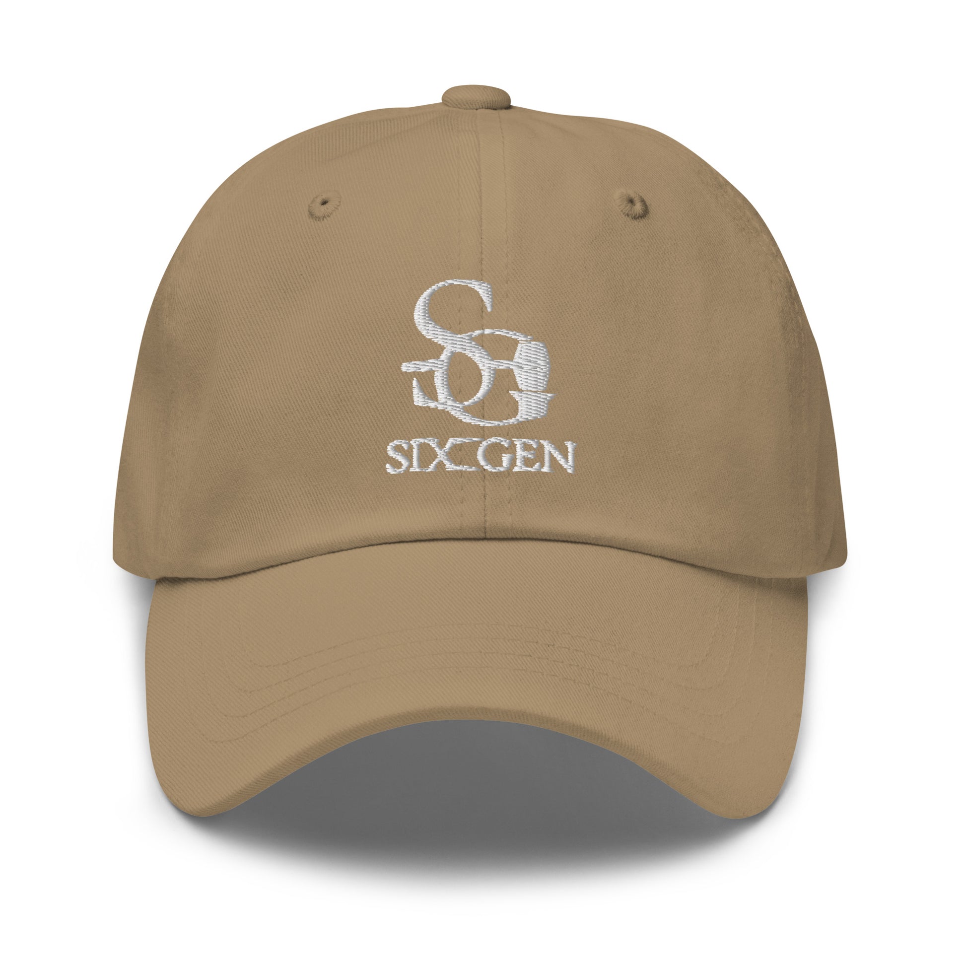 Tan hat with six gen white logo