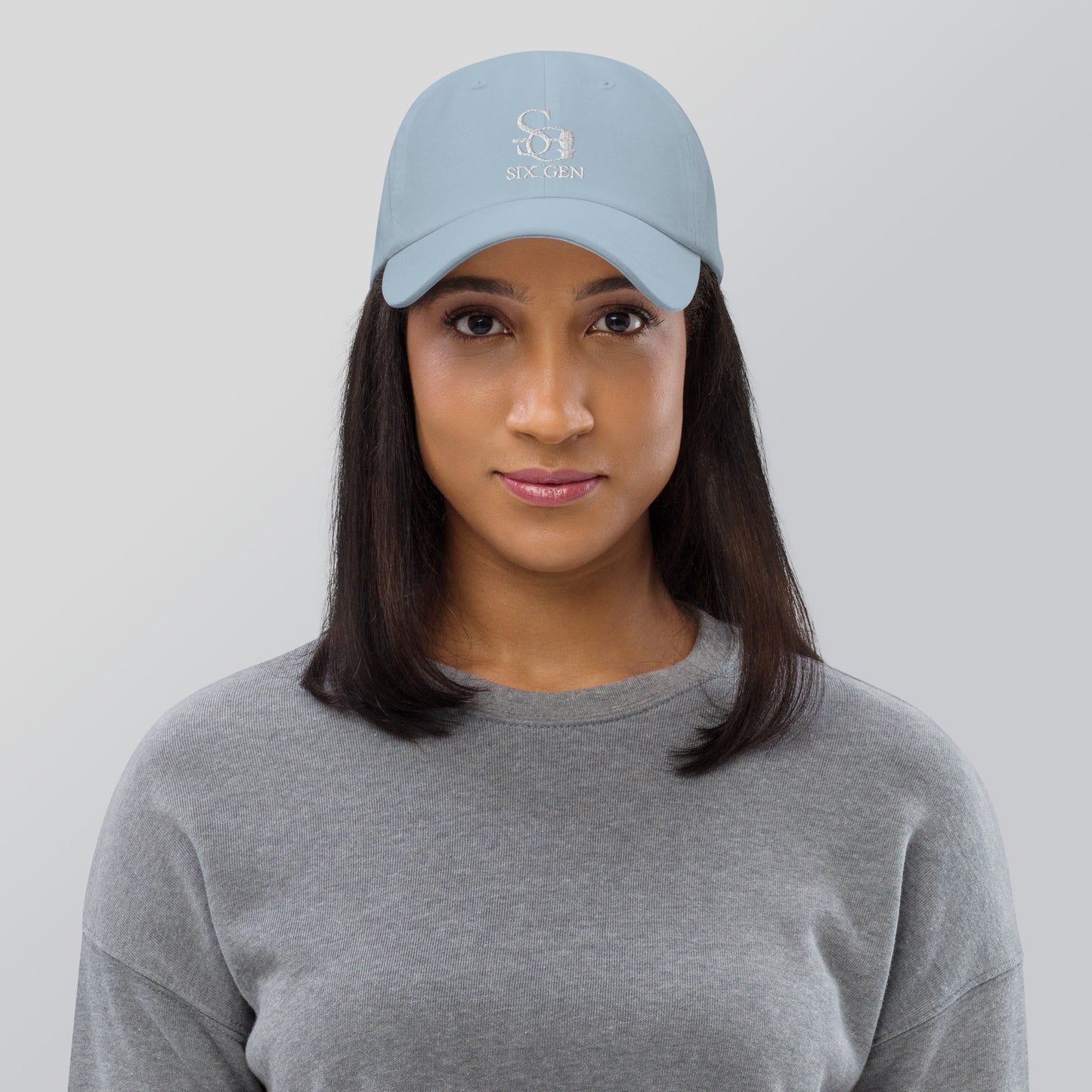 Baby blue hat with six gen white logo