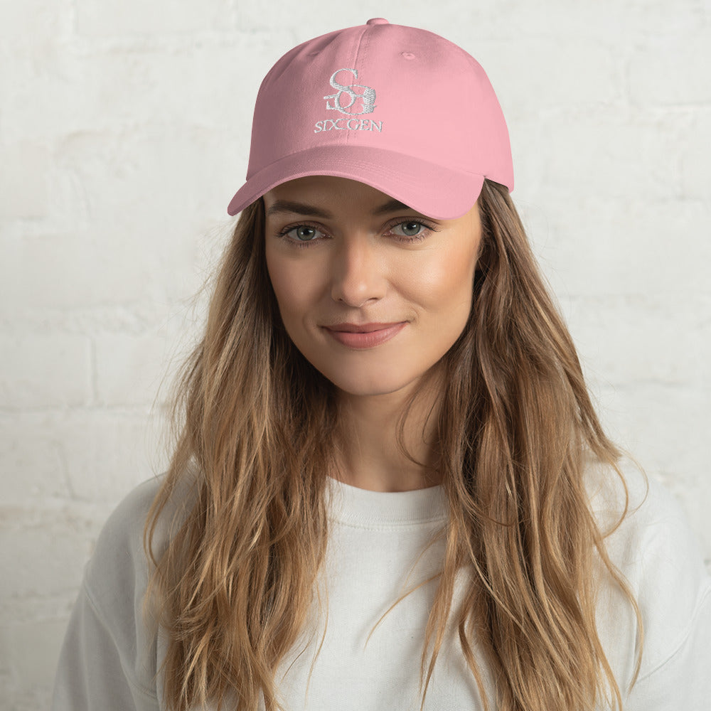 Pink hat with six gen white logo