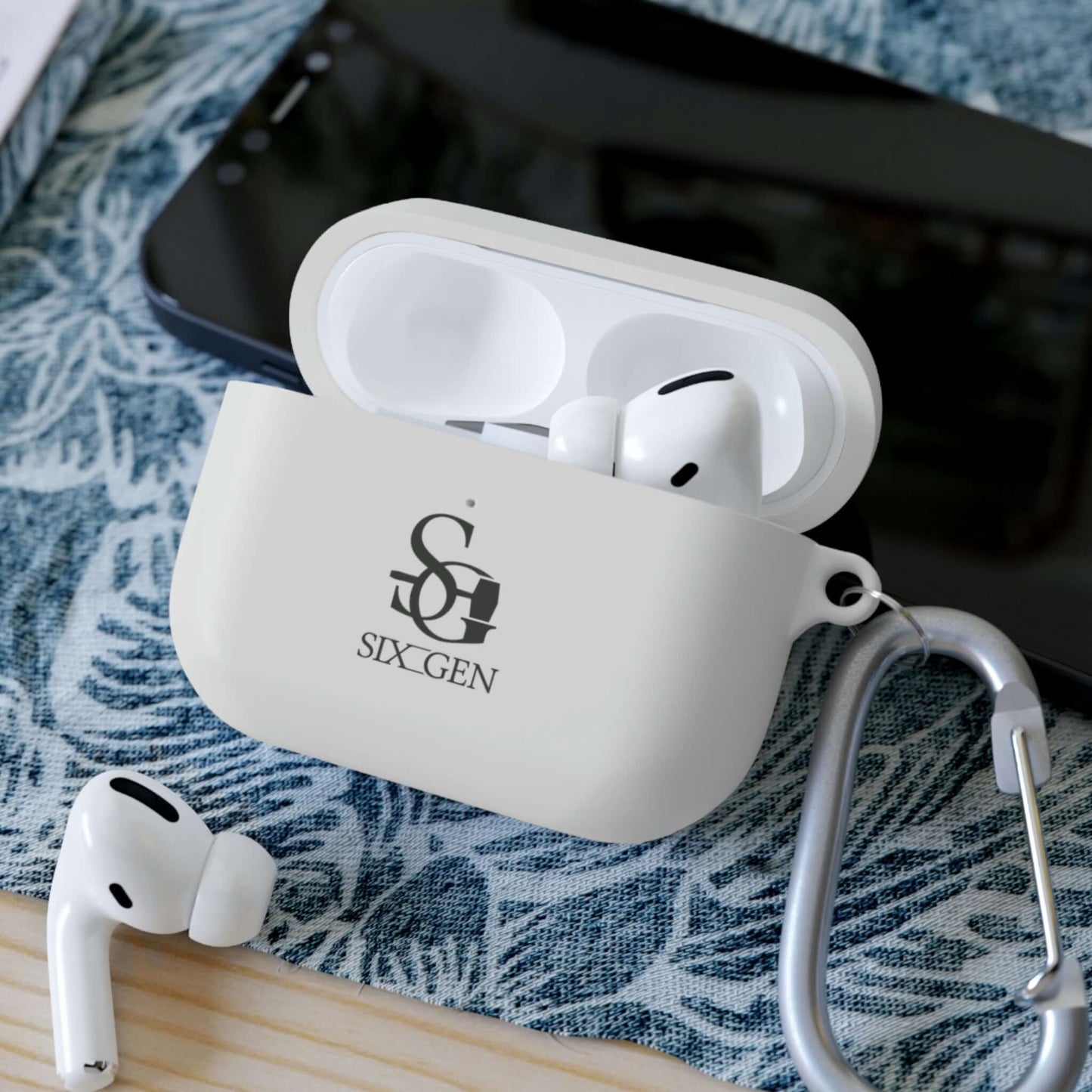 Air Pod Case with white cover with Six-Gen Forge Logo