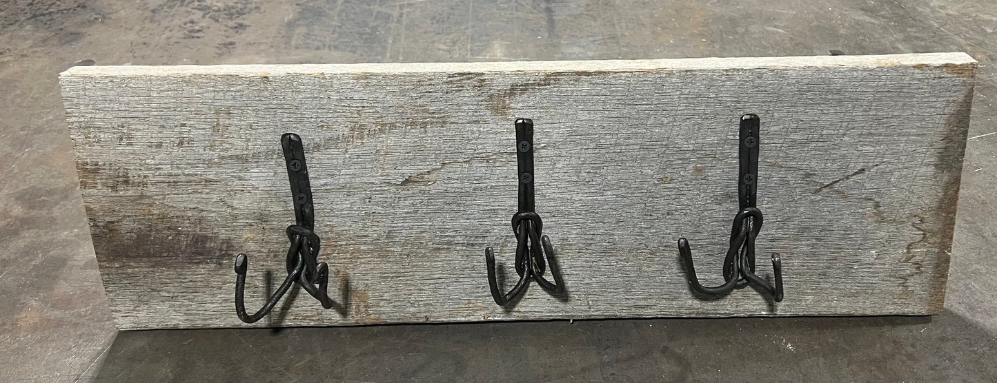 Blacksmith hand forged coat rack with mild steel and barn board